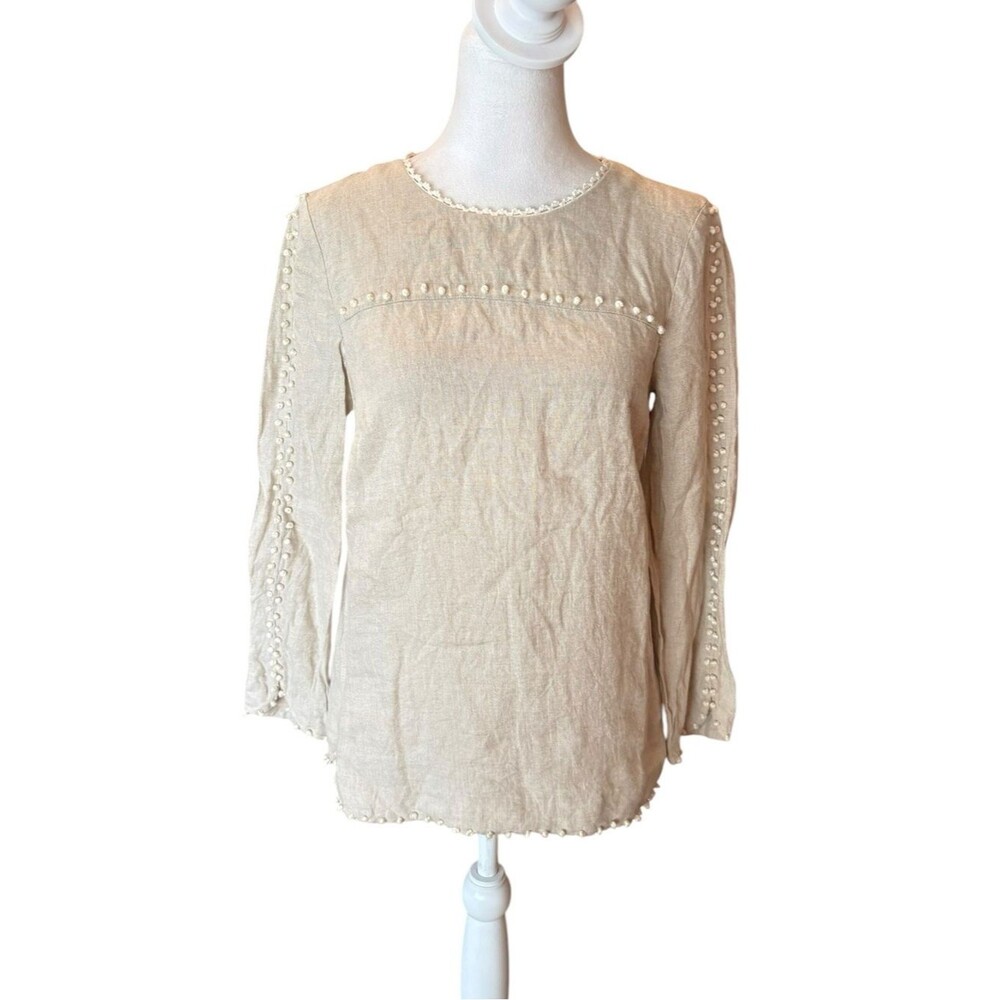 J Crew Linen Beige Crew Neck Long Sleeve Side Slit Womens Size 2